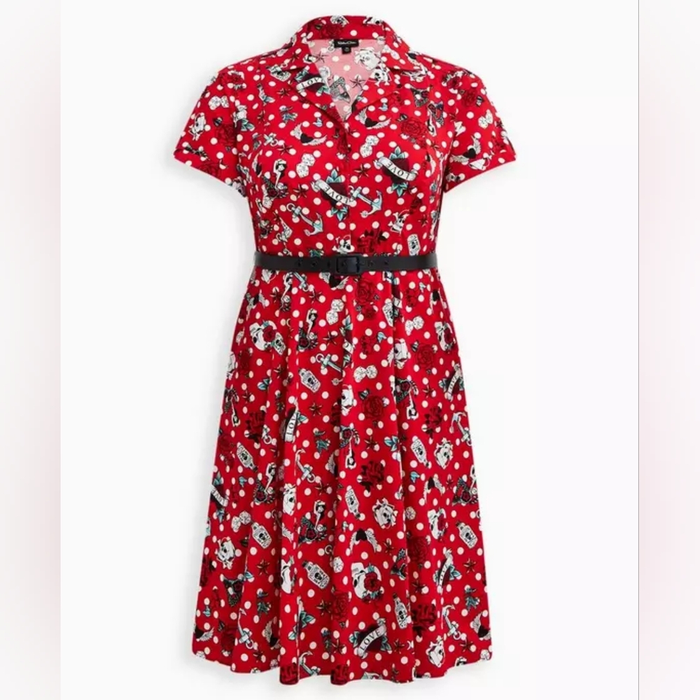 Torrid Retro Chic Red Skull Rose Love Graphic Belted Short Sleeve Midi Dress, 14 - Picture 4 of 6
